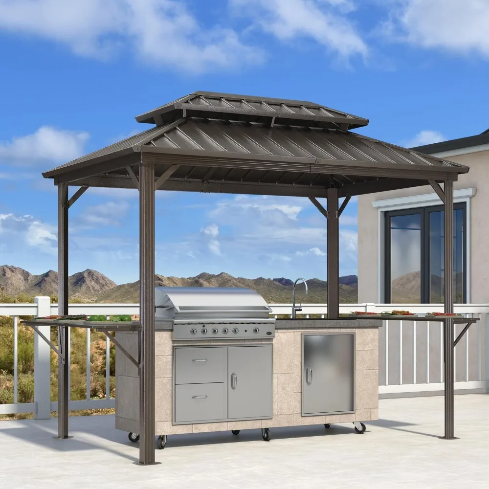 6'X 9 'hardtop Barbecue Pavilion for Terrace Permanent Metal Roof, with 2 Side Frames, Deck, Courtyard Tent, Aluminum