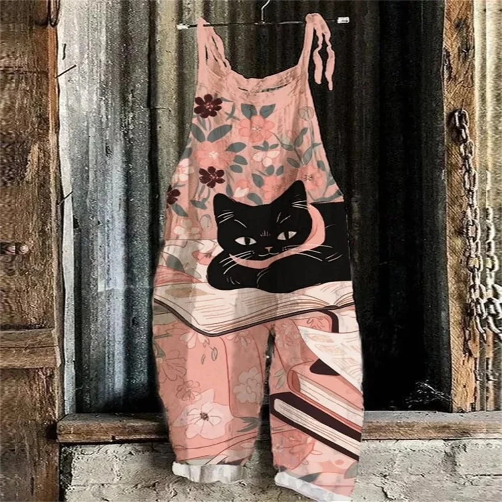Summer 2025 women's fashion jumpsuit, 3D cat holding fish print cute loose jumpsuit, adjustable shoulder straps