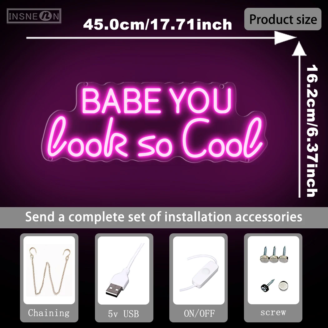 Babe You Look So Cool LED Neon Sign USB Powered for Home Art Wall Decor Bar Bedroom Wedding Birthday Party Valentine's Day Gift