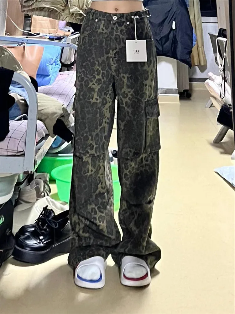 High Waist Extended Leopard Print Wide Leg Denim Jeans Women's Spring Autumn Slimming American Retro Street Hip Hop Pants