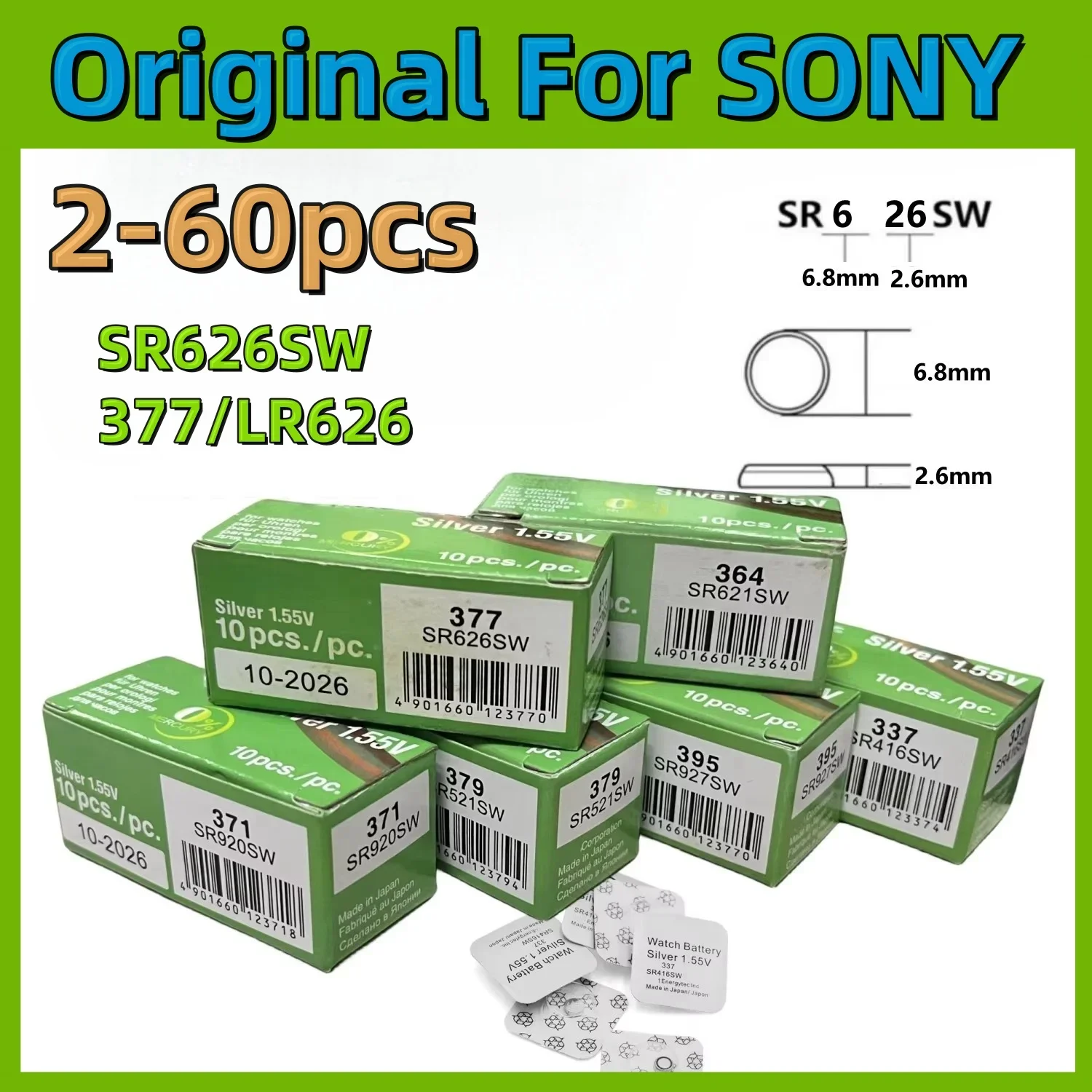 

Original 2-60pcs For SONY SR626SW LR626 AG4 Batteries LR66 377 377A Alkaline Battery Watch Toys Car Remote Coin Cell 1.55V