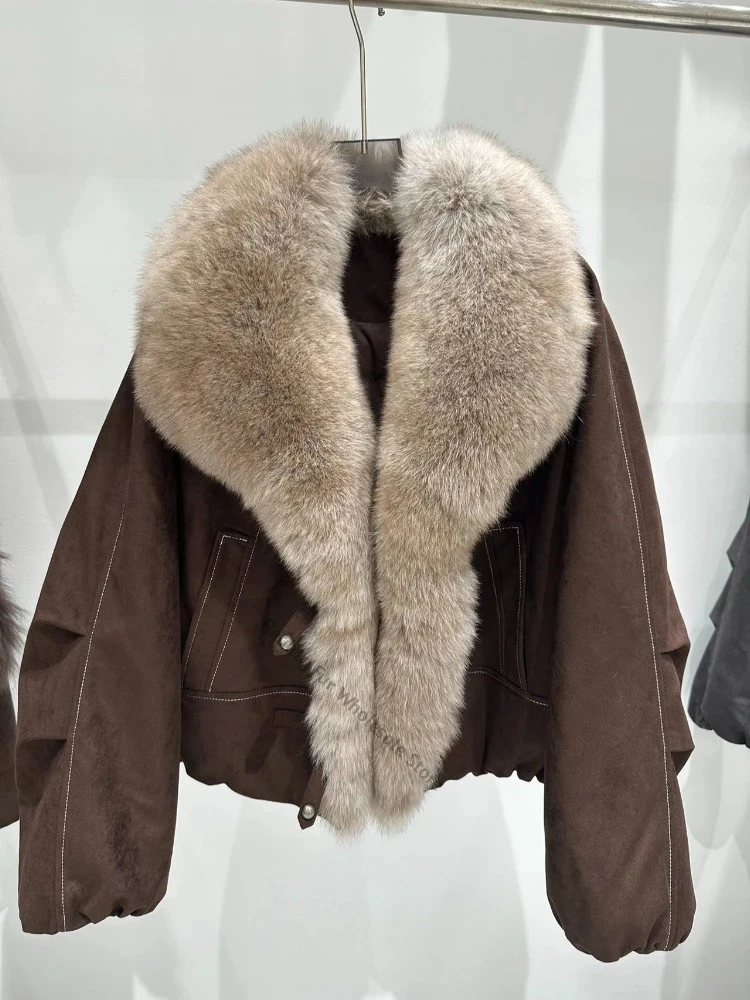 Women Luxury Cropped Fur Coat with Large Fur Collar Suede Feel Short Oversized Jacket Windproof Warm Thermal Winter Fashion