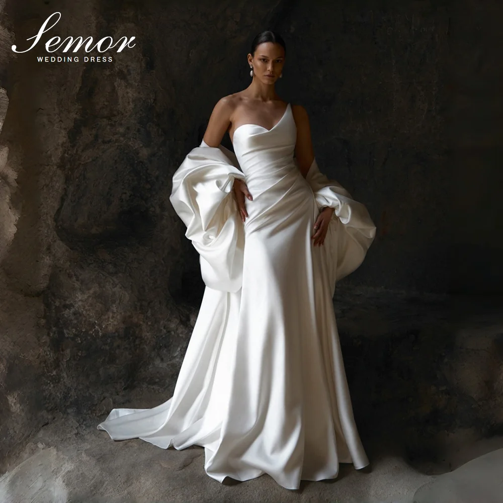 Semor 2027 White A-Line Wedding Dresses One Shoulder Shawl Satin Evening Wedding Ball Gowns Women Bridal Prom Dress Customized