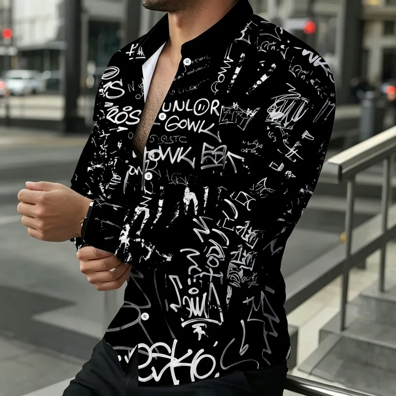 2026 New Men's Shirt Black Letter Graffiti Shirt Trendy Personalized Printed Long Sleeve Top Versatile Trendy Men's XS-6XL
