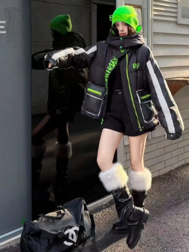 Designed Winter Down Jacket for Women Trendy Brand Thicken Warm Oversized Coat Puffer Jacket Patchwork Coats Hooded Streetwear