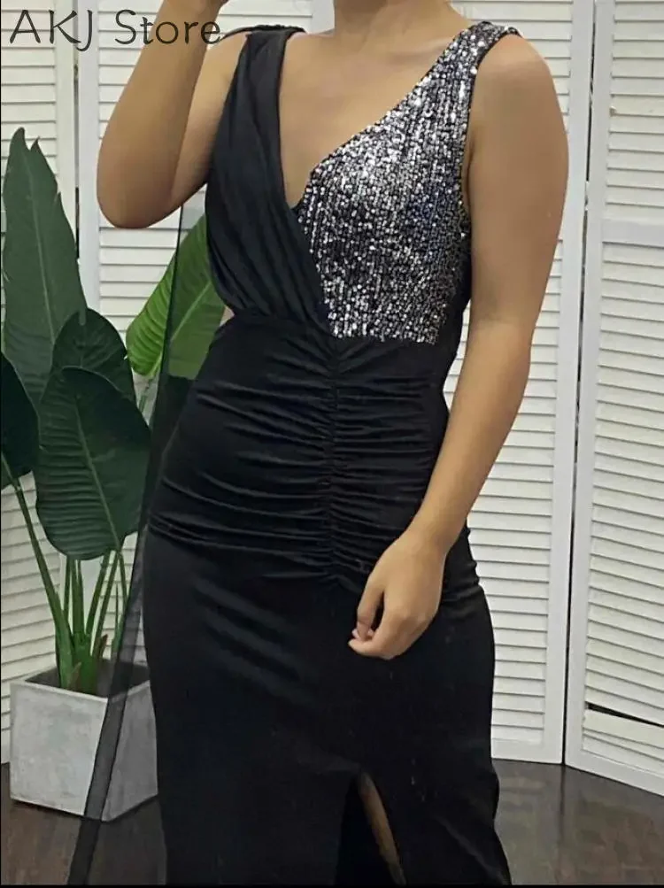 Vestido de fiesta con abertura alta y cuello en V para mujer, malla de contraste recortada