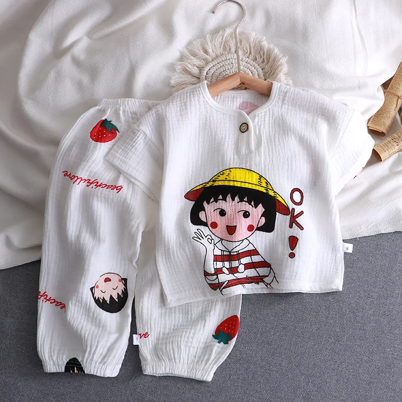 Children's double-layer cotton yarn set summer thin boys and girls pure cotton  pajamas gauze air-conditioned clothing