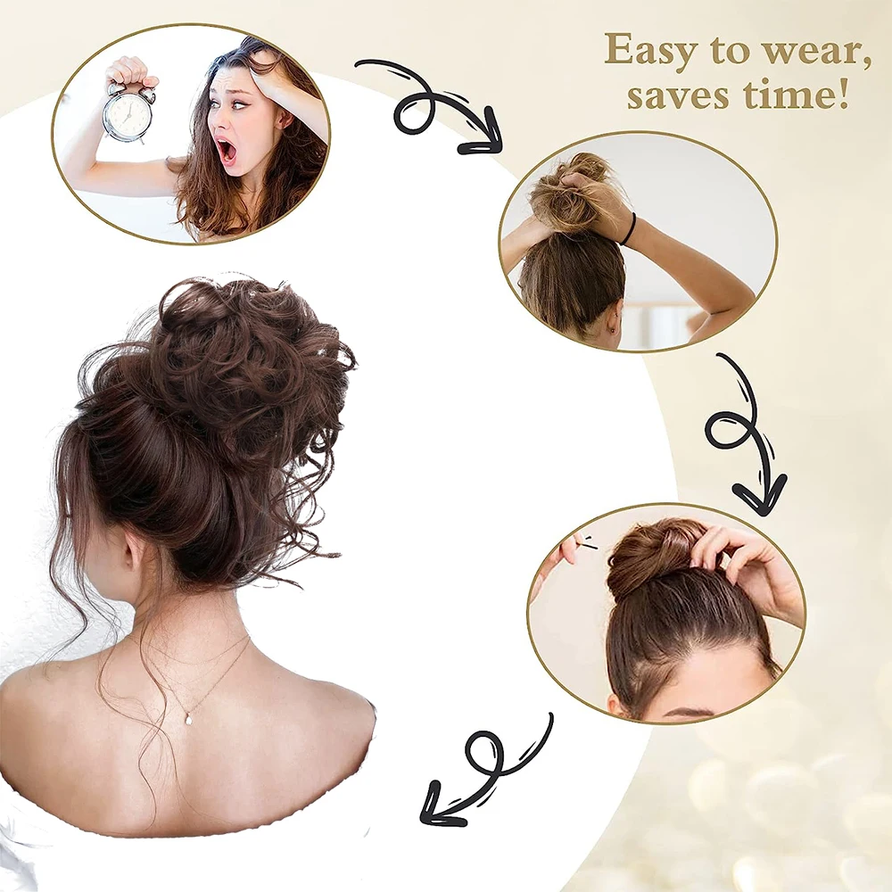 Extensões sintéticas do pão do cabelo para mulheres, desarrumado, encaracolado, Chignon, louro, marrom, preto, faixa de Updo do donut, elástico, crocante