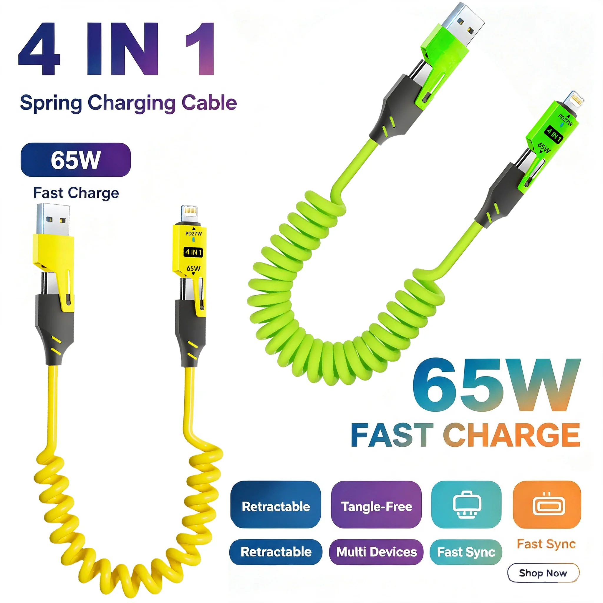 4 in 1 PD 27W 65W Fast Charging Spring Cable USB Type C To Type C And L Data Cable Wire For iPhone 15 16 For Samsung For Xiaomi