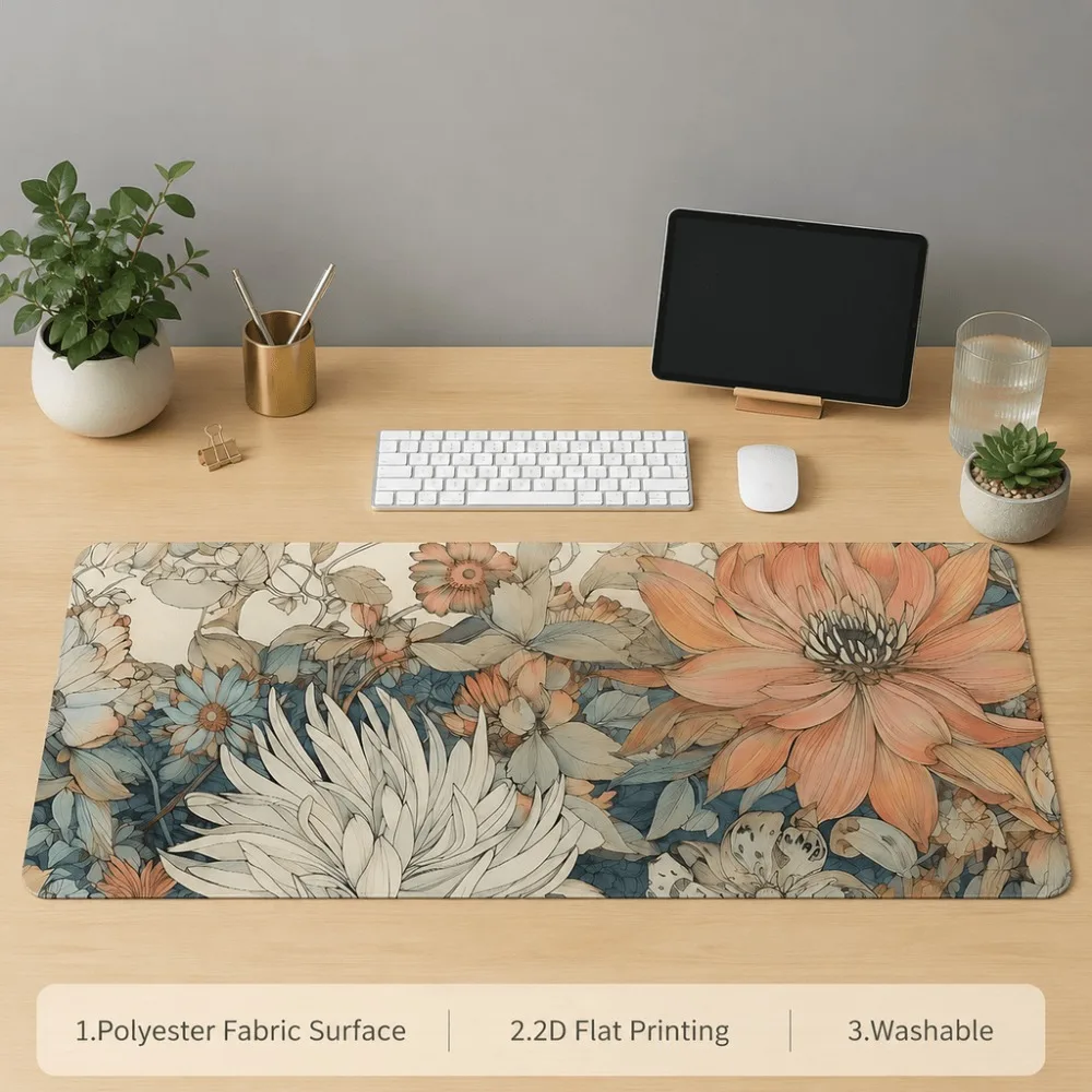 Retro floral table mat, featuring plant and flower prints, suitable for women and desk users, suitable for laptop work setups