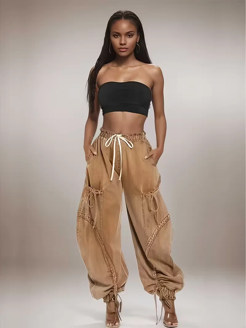 Womens Baggy Jeans Women'S Fashionable Drawstring Lace-up