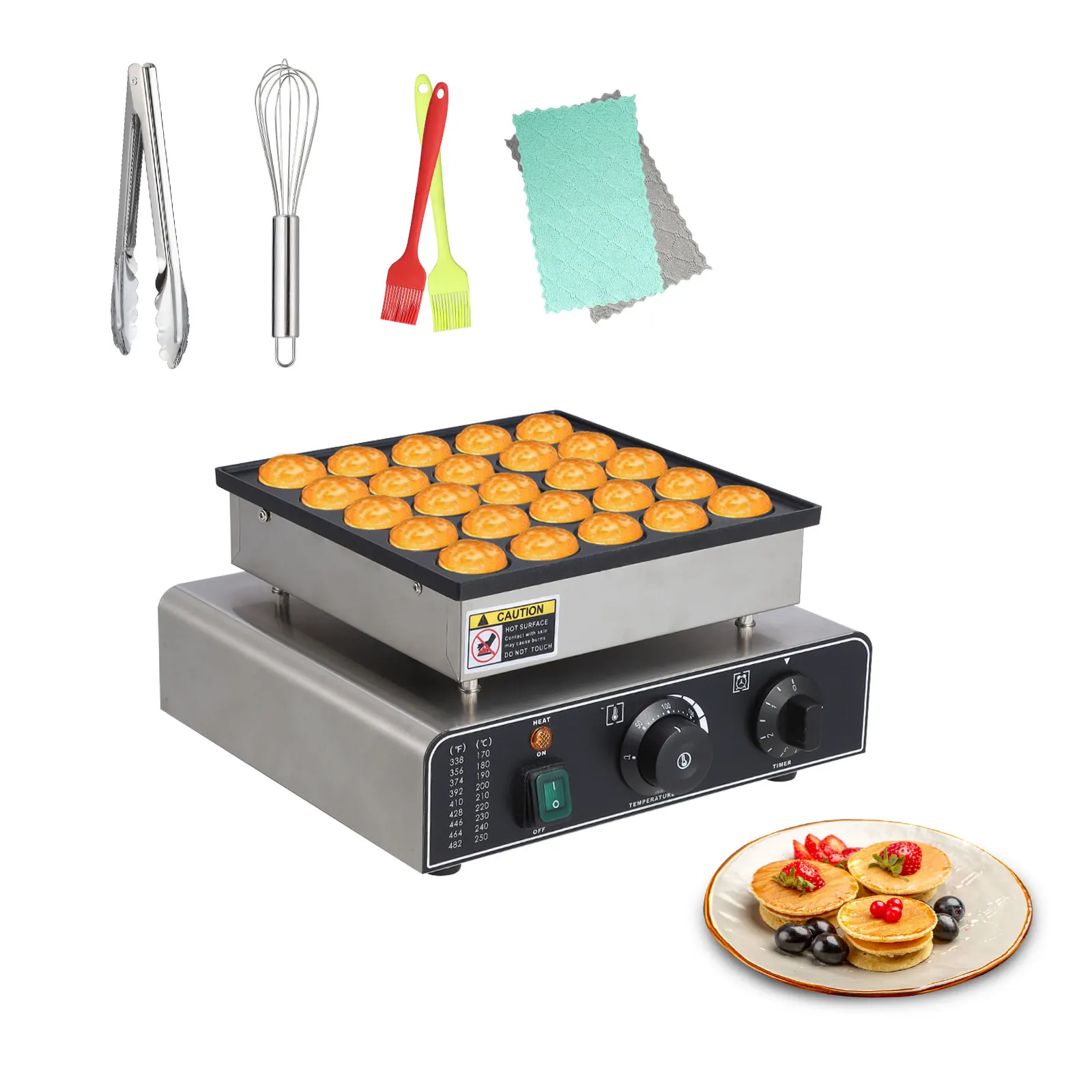Commercial Mini Muffin & Pancake Maker - 25-Hole Nonstick Waffle Machine - 850W Stainless Steel - 50-300℃ Temp & 0-5 Min Timer - Fast Heating, Easy Clean - For Restaurants, Snack Bars, Home Kitchens