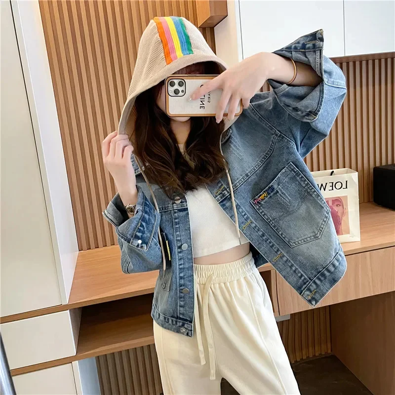 Woman Fake Two Age Reducing Hooded Short Denim Jackets 2026 Spring Women New Korean Edition Embroidered Versatile Loose Top Coat