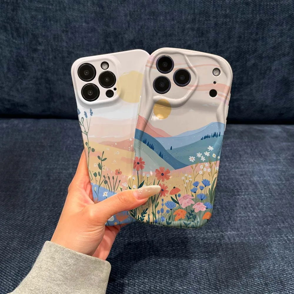 

Cartoon Sun Flower Field For Apple iPhone 11 12 13 14 15 16 17 16E Air Plus Pro Max 2022 Wave Oil Film Phone Case