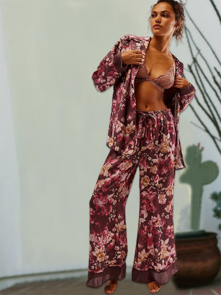 Print Floral Pyjama Casual Long Sleeve Set 2PCS Outfit Lapel Sleepwear Button Down Women's Pajamas Loose Nightwear Home Clothes