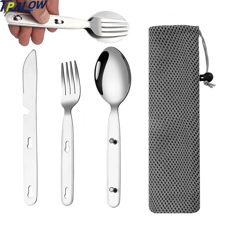 

TRALOW 3Pcs Stainless Steel Folding Cutlery Set-Compact Portable Multi-Function Outdoor Tableware for Hiking,Picnic,Travel,Camp