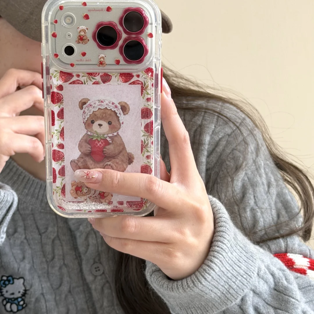 

Japan Korea Retro Fun Strawberry quicksand little Bear Case For iPhone 17 16 15 14 13 Pro Max Case Cute Cartoon shockproof Cover