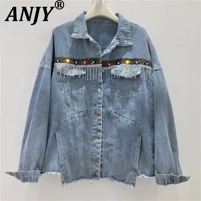 ANJY Spring Autumn New Women Ethnic Style Tassel Design Frayed Denim Jacket Geometric Webbing Spliced Raw Edge Loose Coat A25909