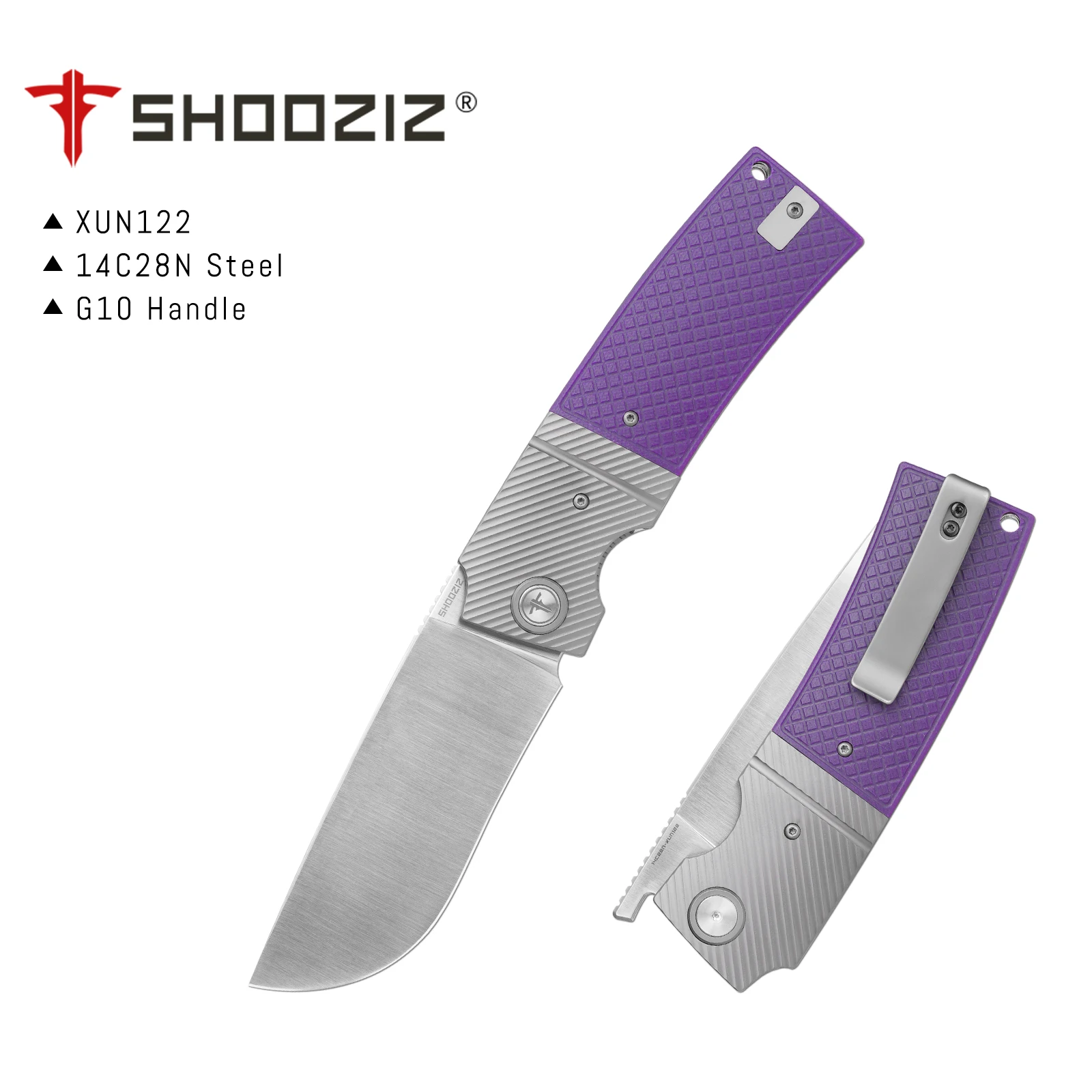 Shooziz 14C28N Folding Pocket Knife, G10/Ultem Scales,Everyday Carry with Clip,Out of The Box,Xun120(Satin/PVD Flipper Balde)