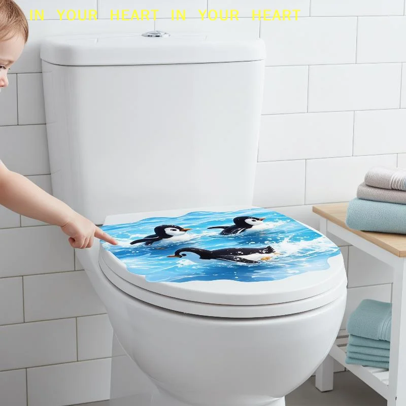 【X】Cute Swimming Penguin Toilet Sticker Waterproof Self Adhesive Removable Decal Bathroom Decor