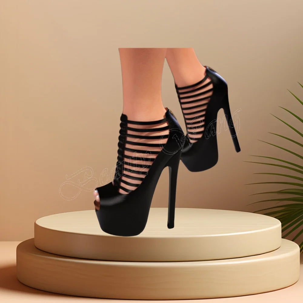 

Black Hollow Peep Toe Sandals Back Zipper Solid Spike Heel Round Toe High Heel Shoes for Women High Heel 2024 Zapatillas Mujer