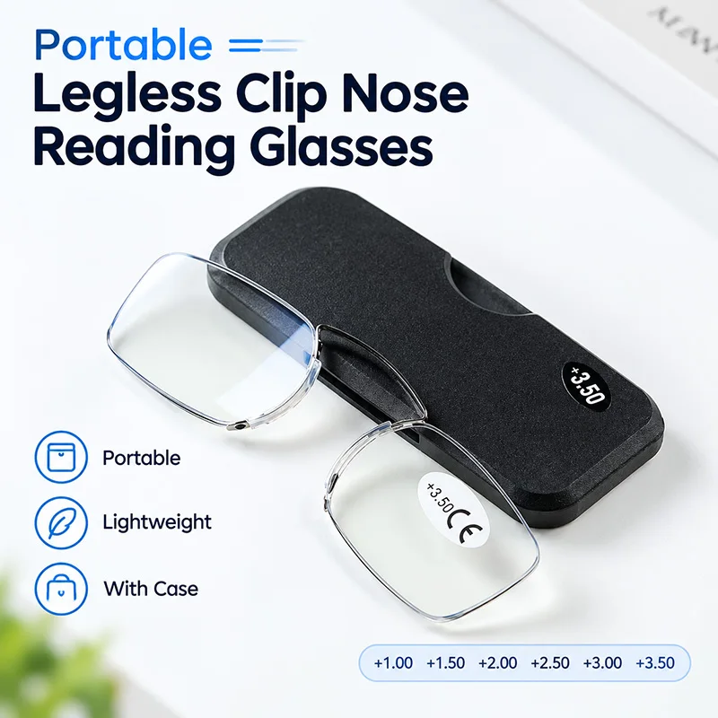 Mini Ultra-thin Legless Nose Clip Reading Glasses Men Women Small Portable Ultra-light Case Nose Clip Presbyopic Readers 1.0-3.0