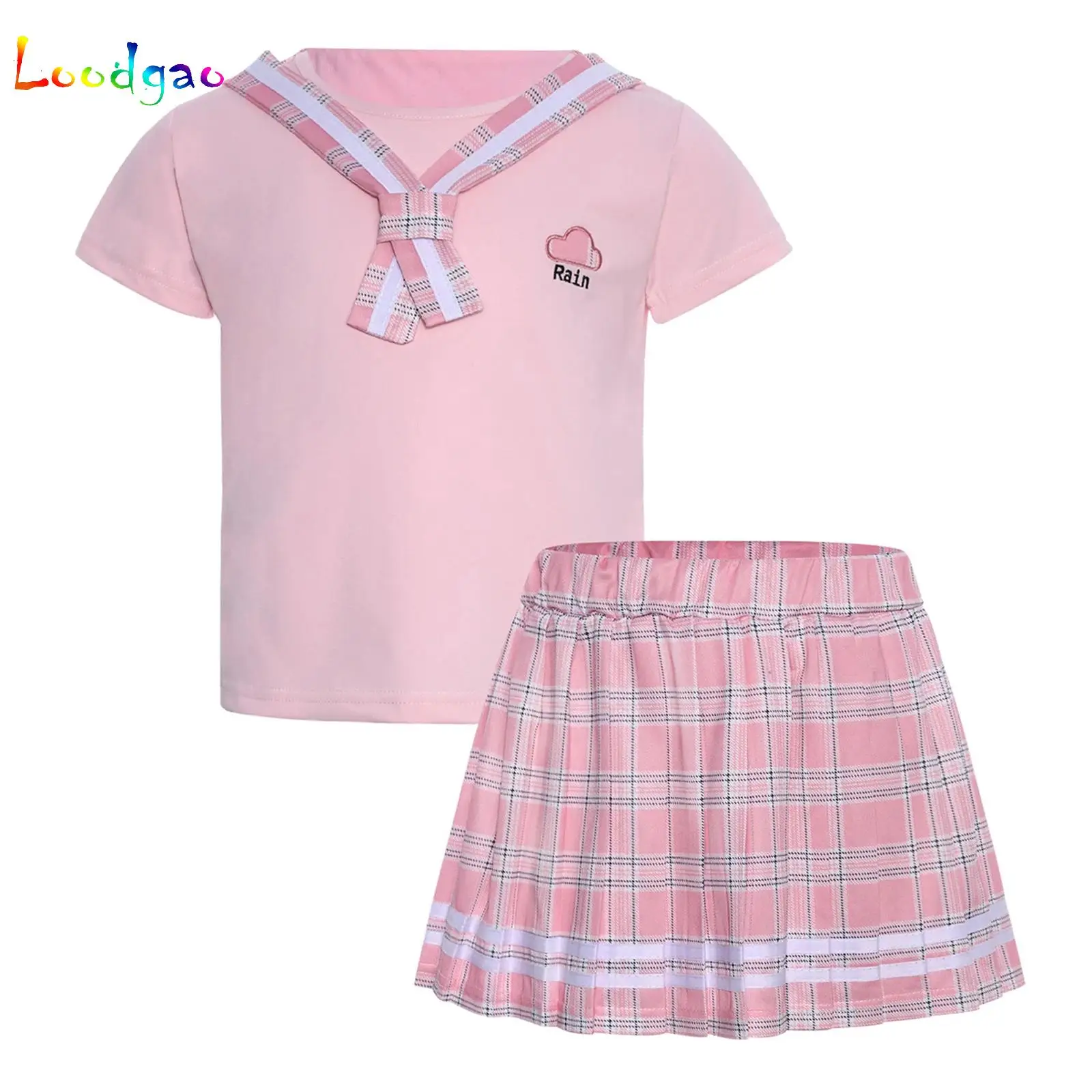 

Kids Girls 2-Piece School Outfit Student Uniform JK Sailor Collar Short Sleeve Top with Elastic Waistband Plaid Pleated Skirt