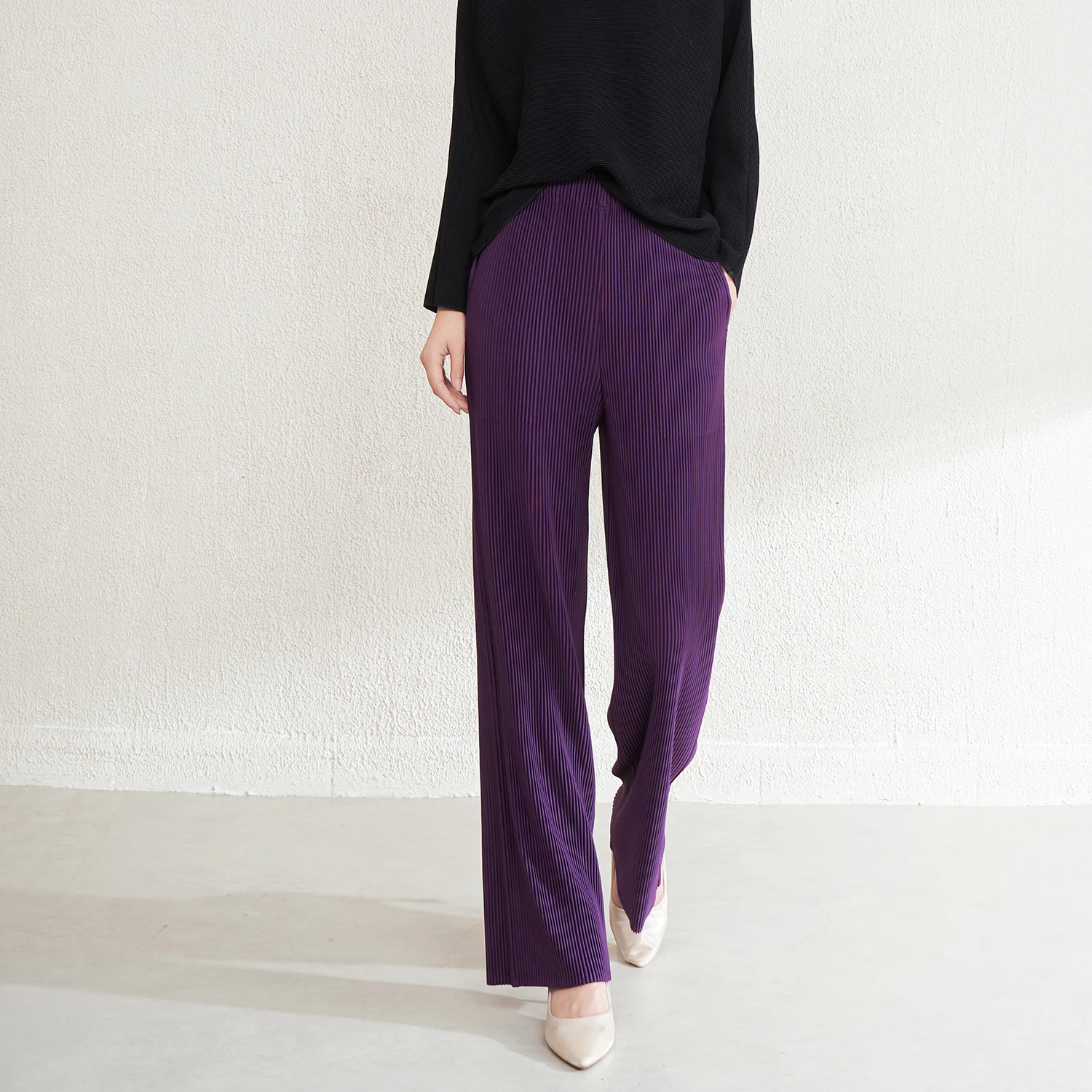 고품질 미야케 플리츠 공장 여성 캐주얼 스트레이트 바지 폴리에스터 원단 플리츠 공예 바지