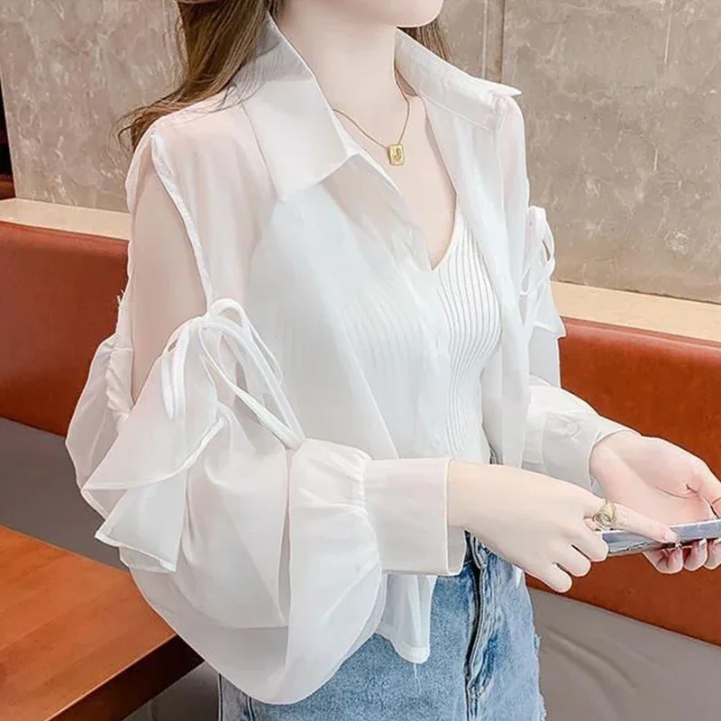 Manteau élégant en mousseline de soie pour femmes, épaules dénudées, gilet intérieur sans bretelles, ensemble deux pièces décontracté, chemises à nœud à revers