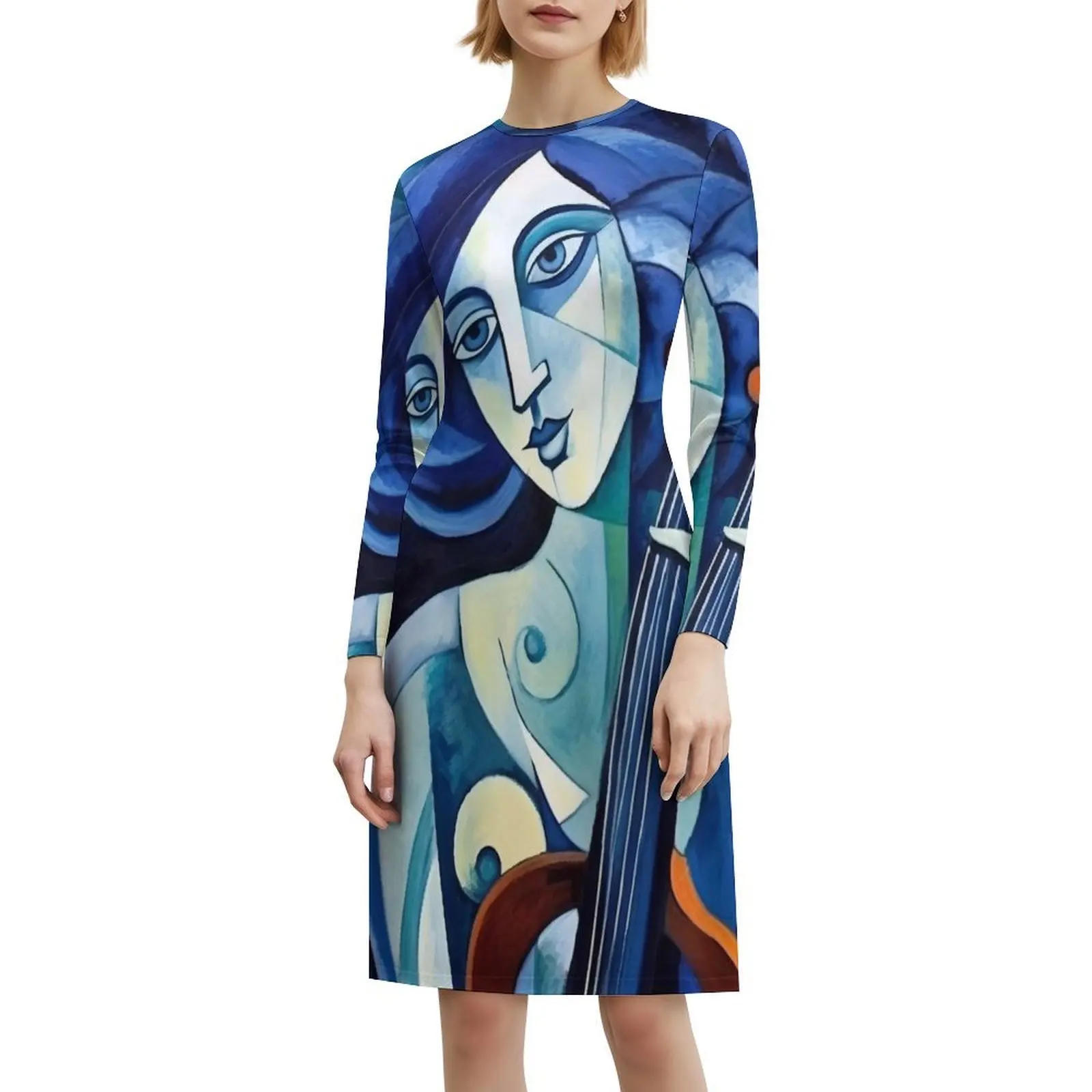 مكعب: فستان أزرق سيمفونيات في الفن الحديث للنساء للحفلات الأنيقة على شكل حرف A مع خيارات قصيرة/طويلة/بدون أكمام #6