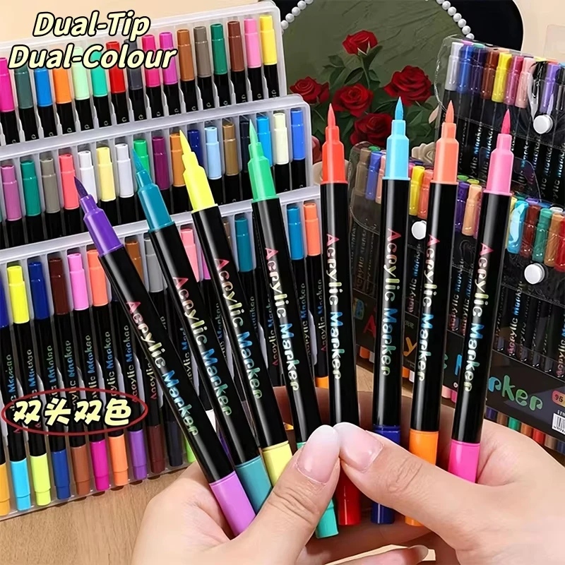 Marcadores Acrílicos de Doble Punta de 48 Colores, Marcadores de Pintura Acrílica Premium, Aptos para Roca, Madera, Tela, Vidrio, Lienzo, Cerámica
