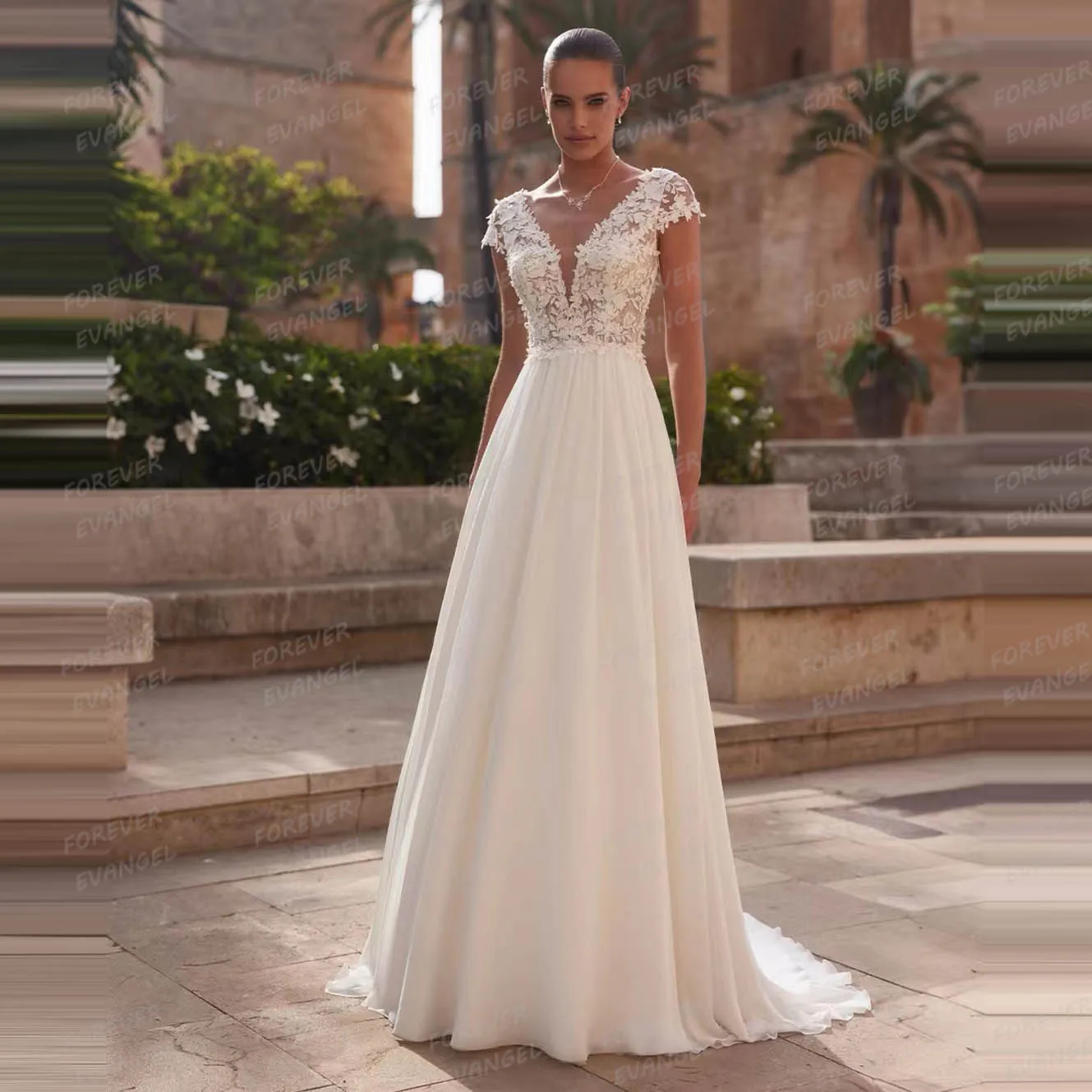 Elegant Chiffon Wedding Dresses Woman's Appliques Sexy V Neck Cap Sleeve Elegant Bride Gowns Chiffon Customized Vestido De Noche