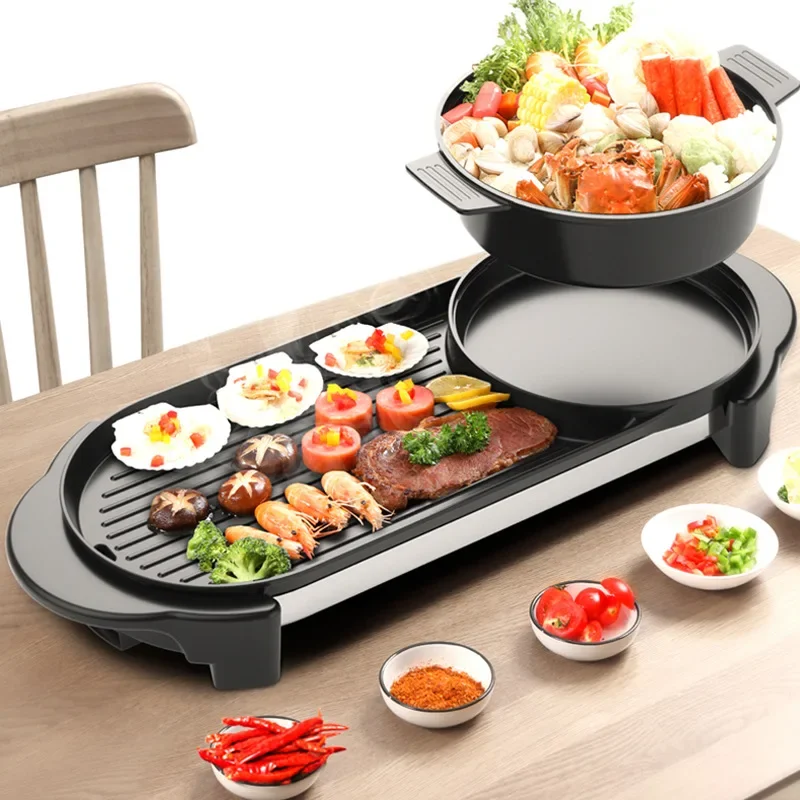 Portable Grill 2 in 1 Electric Grill Barbecue Pan Smokeless Indoor Grilling Cook BBQ Oven Hot Pot Kitchen Tools Outdoor bbq