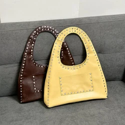 Retro Rivet Underarm Shoulder Bag,Wasteland Style Metal Stud Motorcycle Bag,Oil Wax Leather Women Handbag Brown Side Tote Bags