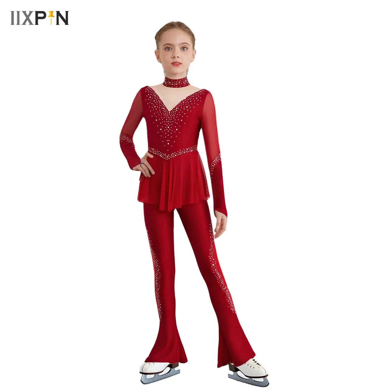 

Kids Girls Figure Skating Jumpsuit Jazz Performance Costume Sheer Mesh Patchwork Shiny Rhinestones Bell-Bottom Peplum Bodysuit