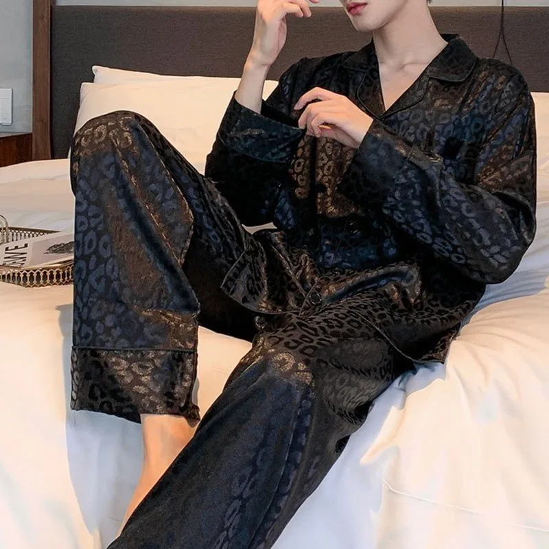 Pajamas men Spring and Autumn Long sleeve Thin ice silk Large size Spring and summer Leopard print cardigan loungewear two-piece