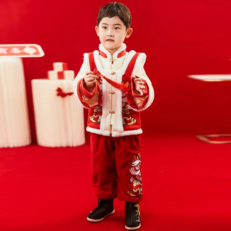 2024 Chinese New Year Boys Lucky Tang Suit For The Year of The Dragon Embroidery 3 Pieces Hanfu Clothings Tradtional Costume