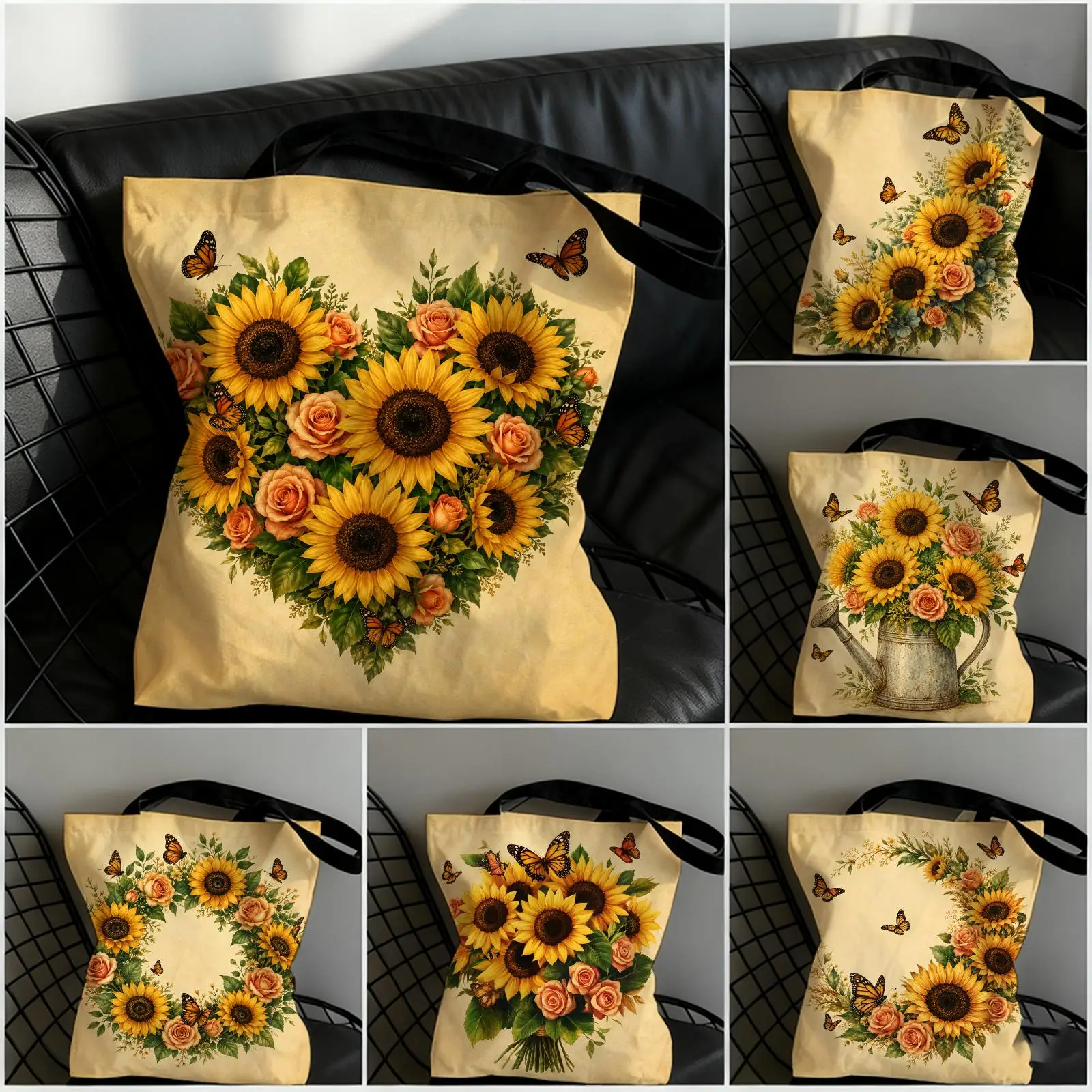 Sunflower Pattern Storage Bags Large Capacity Canvas Tote Bag Double-Sided Print Shoulder Handbag for Daily Shopping