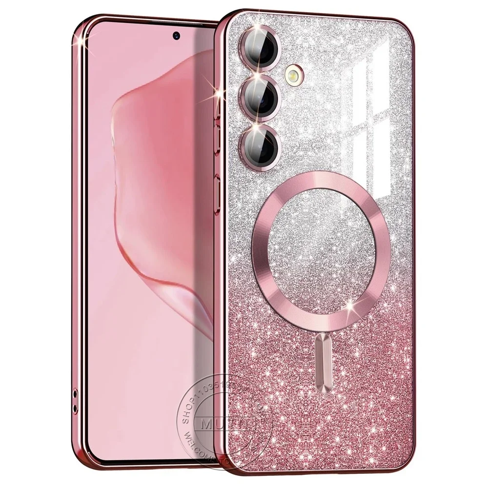 غطاء لامع لامع لهاتف سامسونج جالاكسي S25 S24 S23 S22 S21 S20 Plus FE Note20 Ultra حافظة لاسلكية MagSafe مغناطيسية