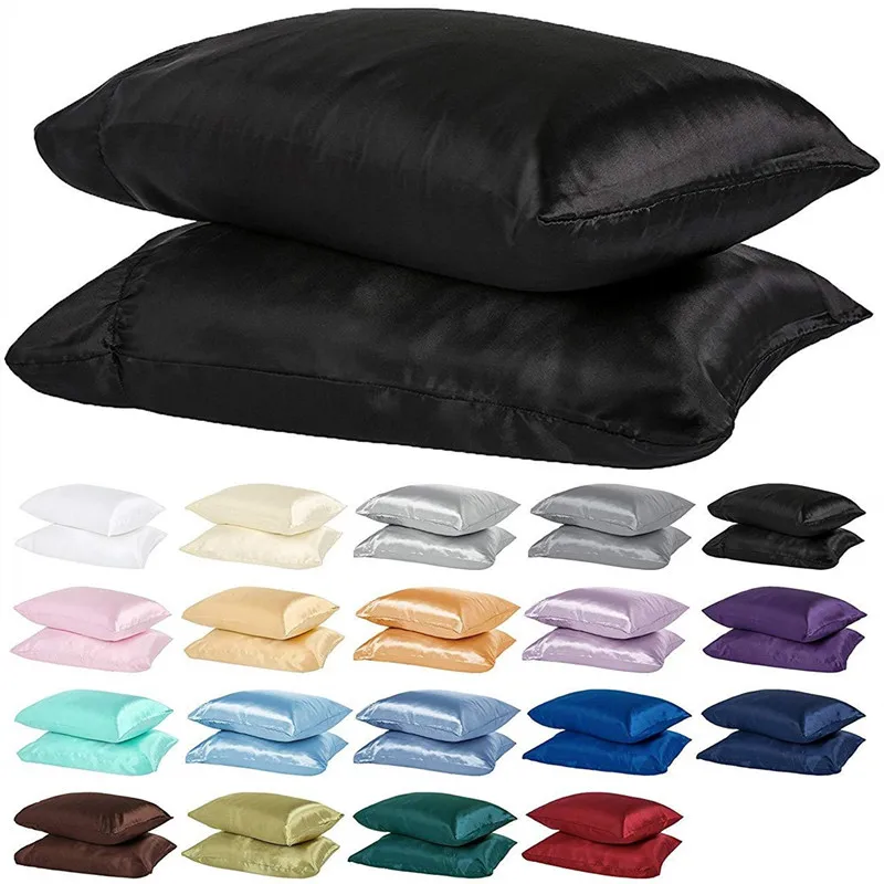 Pillowcases Pack of 2 Solid Color Soft Satin Pillowcase With Envelope Zipper Pure Emulation Satin Pillow Case