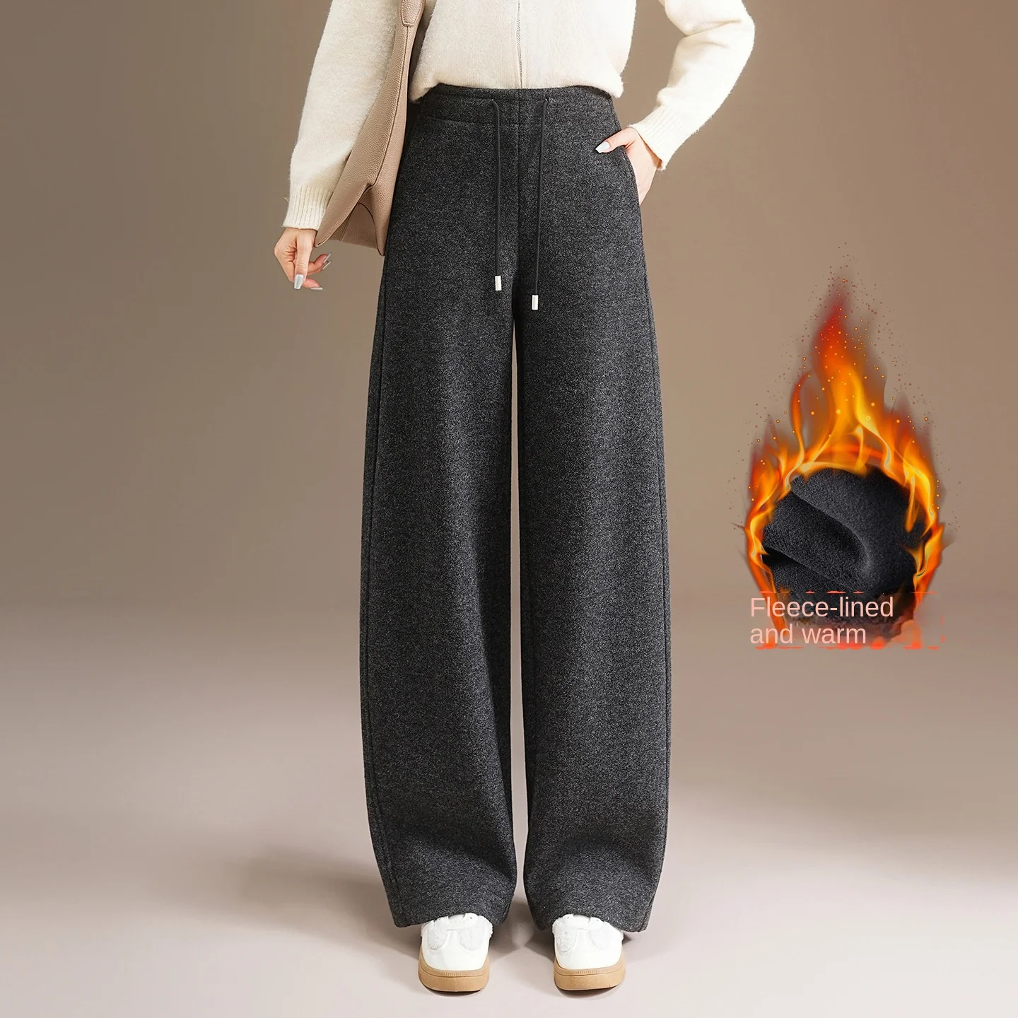 Women's Fashion Wool‑Blend Fleece Lined Curved Pants, Autumn Winter Loose Draped Casual Trousers