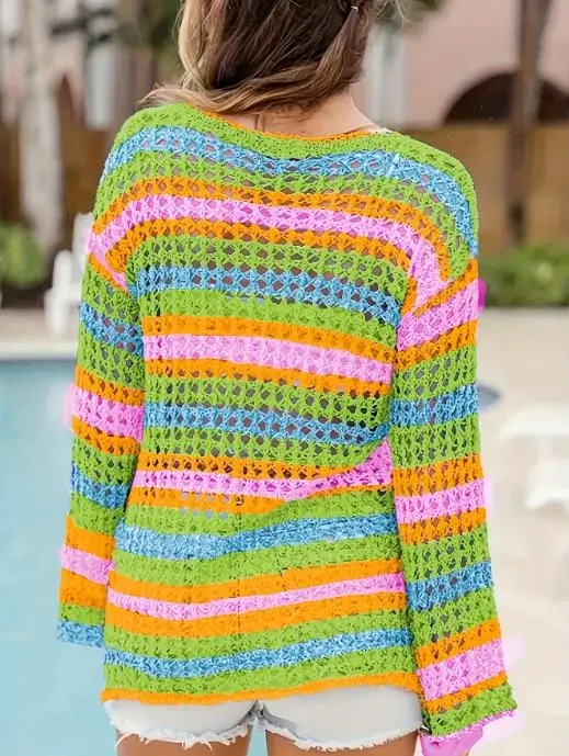 

Women's Sweater 2025 Spring New Fashion Splicing Knitted Sweater Loose Intercolor Round Neck Long Sleeve Striped Sweater