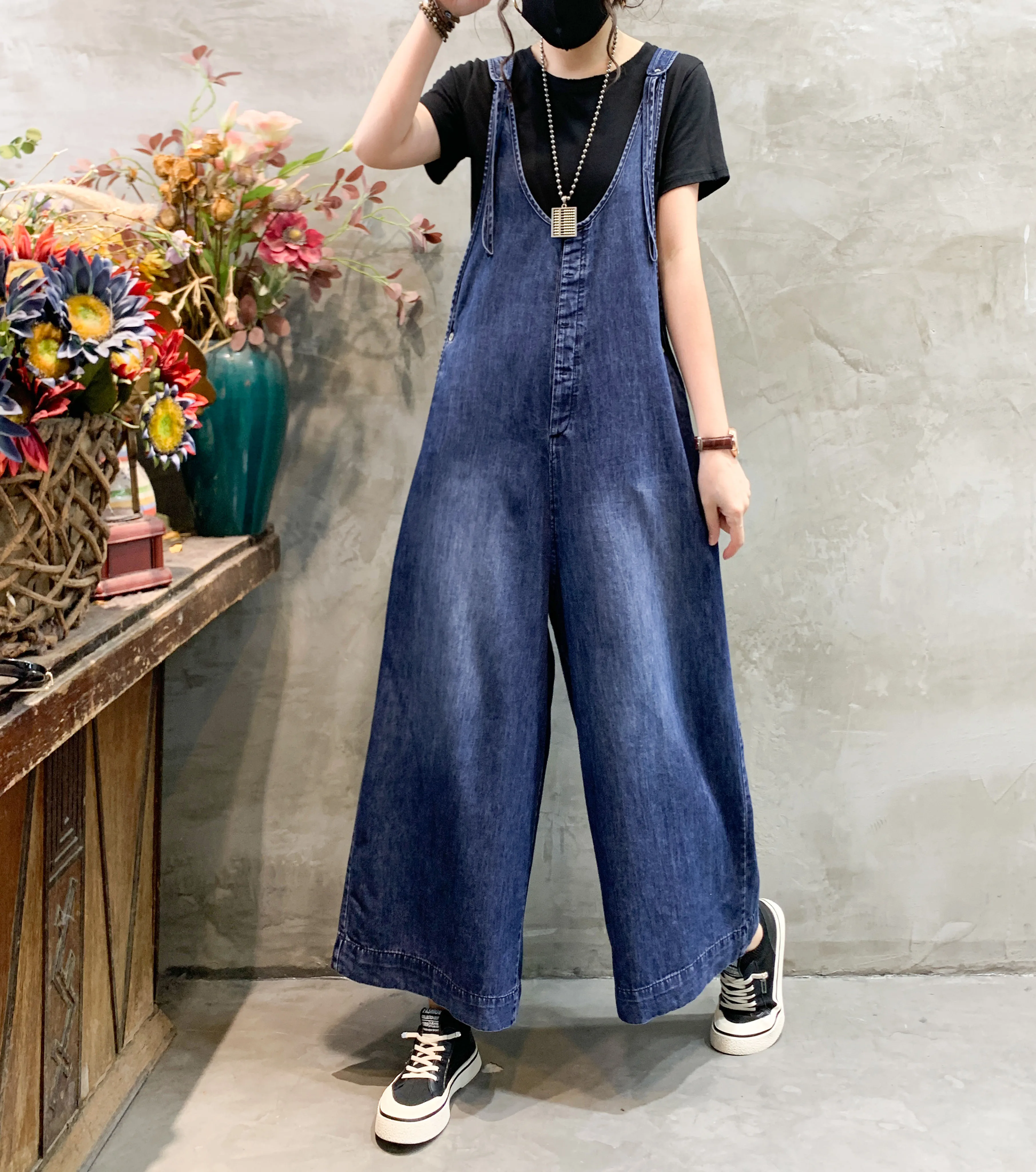 Tuta di jeans stile europeo Pantaloni a gamba larga a gamba dritta a vita alta alla moda da donna Pantaloni larghi versatili