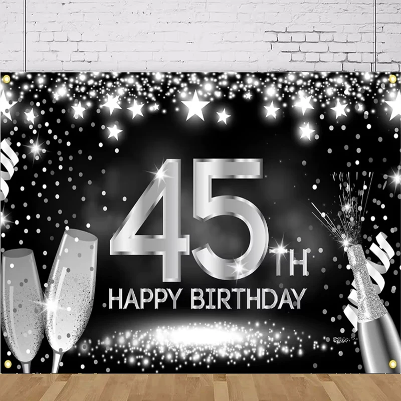 

Photography Backdrop Royal Curtain Banner Black Gold Background Happy 45th Years Old Birthday For Women Men Party Decor Supplies