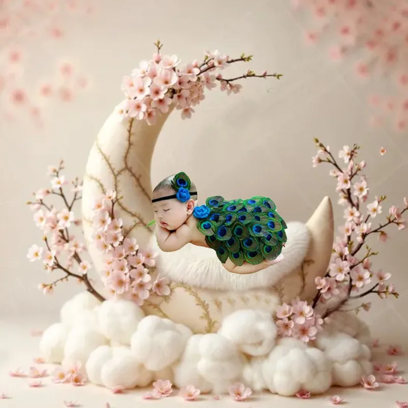 2pcs/set  Baby Peacock Costume, Newborn Photography Outfit with Feather Wings & Headband,신생아 촬영소품，neugeborenenfotografie