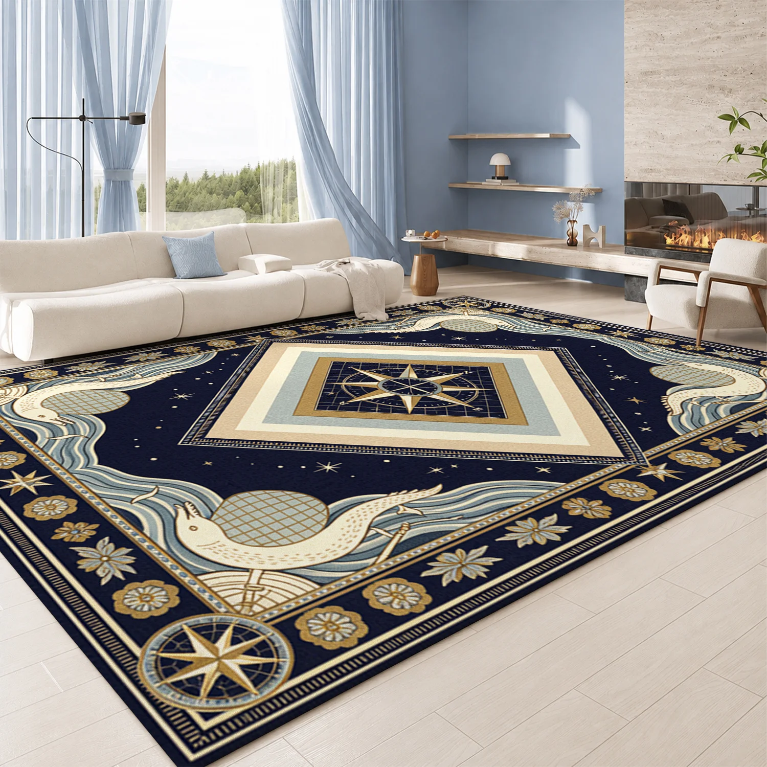 Celestial Nautical Compass and Sea Creature Pattern Velvet Area Rug, Machine Washable, Soft Floor Mat for Living Room, Bedroom, Dining Room, Entryway, Ideal for Halloween, Thanksgiving, Black Friday, Christmas, New Year Home Decor