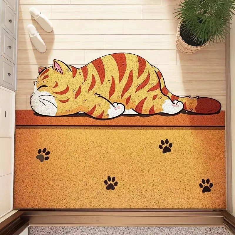 Household Entrance Mat Cartoon Animal Yellow Big Orange Cat Shaped Washable Scraping Rubbing and Silk Ring Mat Can Be Customized