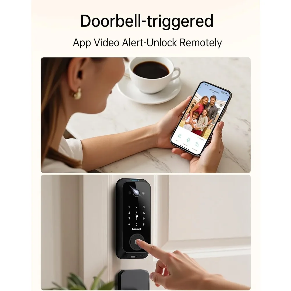 Fechadura inteligente de vídeo com câmera: anel 4 em 1 + câmera 2K + campainha + fechadura de porta de entrada sem chave com impressão digital, fechadura WiFi integrada