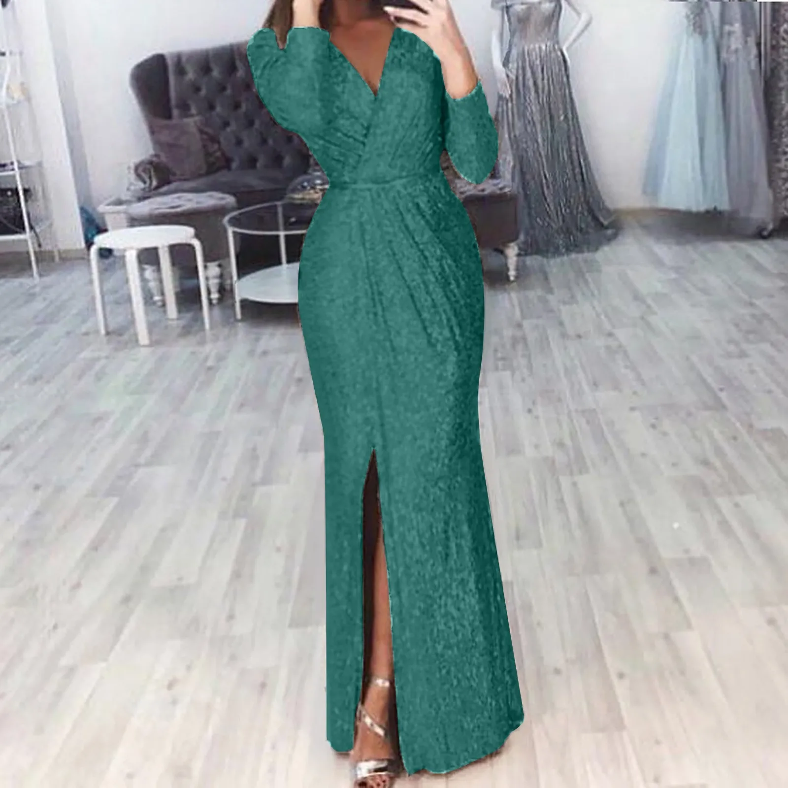 فستان نسائي شق أحمر خمري فستان بفتحة عنق على شكل v سيدة أنيقة بأكمام طويلة فستان نحيل عشاء حفلة زفاف رائع مناسبة رسمية اجتماعية