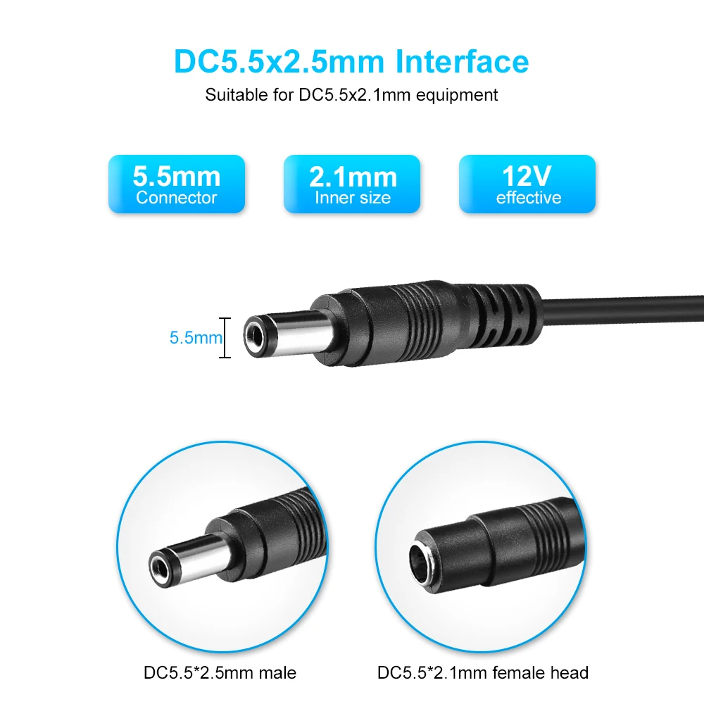 Gadinan 3M/5M/10M Cable Cord Connector Extender 5.5mm* 2.1mm Power Supply DC 12 Interface For IP WiFi POE Camera